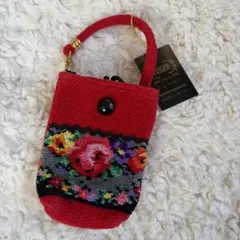 FEILER 花柄刺繍 赤いポーチ ハンドストラップ付き