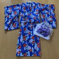 青色花柄浴衣と紫色リボンセット
