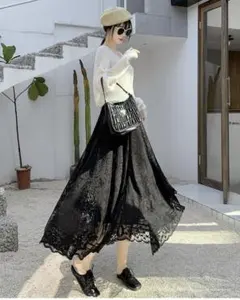 黒 レース フレアロングスカート