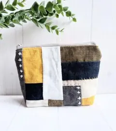 【ミニポーチ】麻　リネン　パッチワーク　刺し子