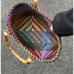 ダックス刺繍買い物鞄ハンドル竹編みトートバッグカラフルバスケットかごレジャー軽量