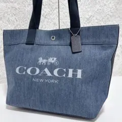 極美品✨COACHコーチ デニムトートバッグ 大容量 A4収納可能 デカロゴ