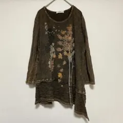 jess & jane ブラウン 七分袖チュニック アシンメトリー 葉っぱ