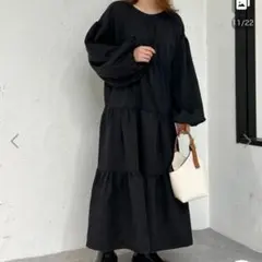 ティアード　ボリューム　袖　スリーブ　ぽわん袖　ワンピース　ロング　黒　アプレ