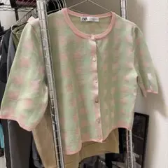 ZARA ギンガムチェック 半袖サマーニット カーディガン