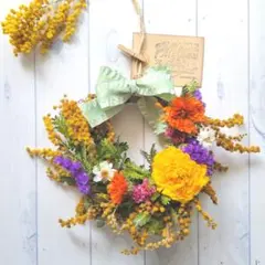 ミモザとラナンキュラスのボタニカルドライフラワーリース20〜23㌢♡母の日