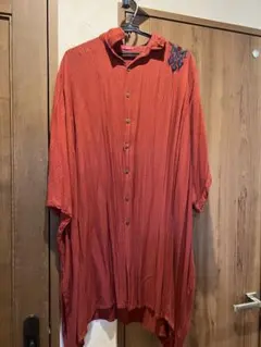 オレンジ色刺繍デザイン七分袖シャツワンピース