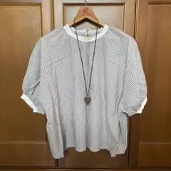 Samansa Mos2 ストライプ柄 半袖ワイドコットンシャツ　F/L〜 LL