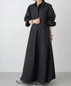 Omekashi フレアロングシャツワンピース 黒 36 コットンナイロンのサムネイル