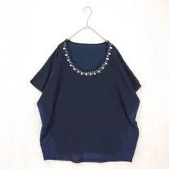 ドルマンスリーブ スタッズ装飾 半袖 Tシャツ ビジュー ラウンドネック