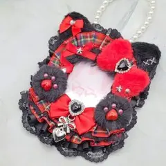 赤リボン 黒猫 タータンチェック 硬質カードケース レースデコ B8 縦入れ