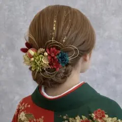 レッドグリーン♡金箔付♡髪飾り ヘッドドレス 前撮り 成人式 卒業式 七五三