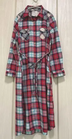 179/WG シャツワンピース チェック　ウエストリボン付き　M レディース