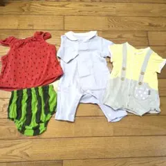 ロンパース3点セット スイカ　ストライプ　ブルー　綿100%　美品　60-80