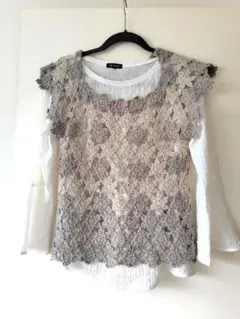 ハンドメイド ベスト 透かし編み ニット 手編み 花モチーフ