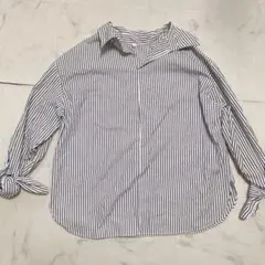 ストライプ　シャツ　ブラウス　袖リボン　襟付き　オフィスカジュアル　おしゃれ