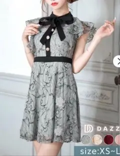 DAZZY ネックリボンフラワー総レースフリルAラインミニドレス　S、おまけ
