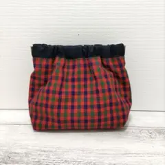 【ハンドメイド】赤チェック　バネ口ポーチ　12cm
