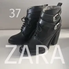ZARA ブラックレザー フェイクファー ショートブーツ バックル付き 美品