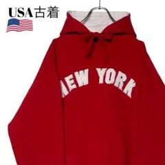 00s USA古着 短丈プルオーバーパーカー 赤 L 刺繍ニューヨークスウェット