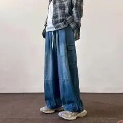 カーゴパンツ ワイドパンツ デニム ジーンズ ストリート 裾絞り ブルー 青
