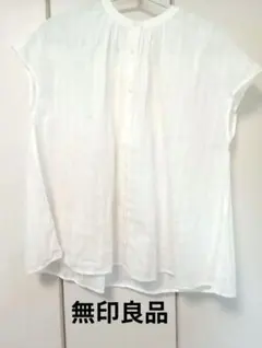 【無印良品】 綿100% フレンチスリーブブラウス 白 M〜L チェック柄のサムネイル
