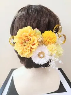 和装髪飾り　(黄ダリア＆金水引)　結婚式　成人式　七五三　卒業式　謝恩会
