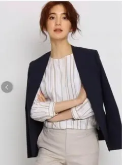 インディヴィ　コットンリネンストレッチジャケット　ネイビー　日本製　ワールド　S