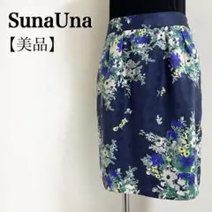 SunaUna◎花柄×ドット柄 タックスカート 38 紺系 きれいめ
