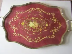 イタリアン　アンティーク　トレー　波型赤トレイ 花柄装飾