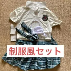 キッズ制服風セット 白と青のチェック スカートとトップス、ヘアバンド・マスク付き