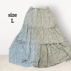 美品✨️ フレアスカート 【 L 】 水色 フラワープリント ロングスカート