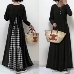 M ロングワンピース チェック マキシ丈 長袖 大きいサイズ b9