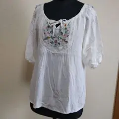 刺繍 レース 五分袖 ブラウス ホワイト