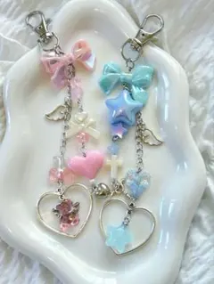 ビーズキーホルダー 水色 ピンク リボンハート星 クマ韓国 y2kコレクトブック