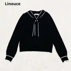 リノヴェール 配色Vネック黒ニット M ボウタイ　パール　通勤　綺麗め　✨