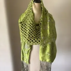 透かし編みデザインハンドバッグ＆刺繍フリンジサテンストール♡セット 