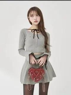 Darich ウエストオープンリボンデザインニットミニワンピース GRY