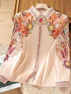 ペイズリー　花柄　シャツ　L　ブラウス　レディース　春　夏　秋　長袖　襟付き