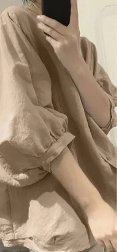 ノーカラーボリュームスリーブコットンシャツ