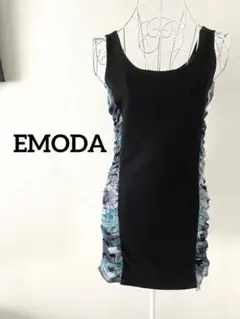 【EMODA】サイドギャザー切替ミニワンピース S ブラック×ブルー モードのサムネイル