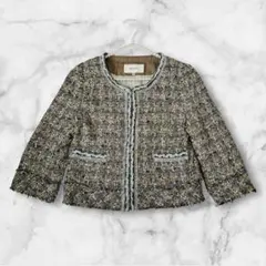 麻シルク混 ボールジィ ノーカラー ツイードジャケット 38 紺 卒業式 入学式