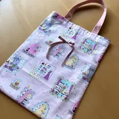 ハンドメイド　縦型レッスンバッグ　トートバッグ　ブティック柄　リボン付き　ピンク