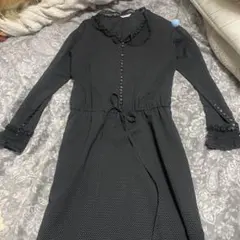 INCEBORG ドット柄 黒シフォンワンピース長袖Mレース襟　花モチーフ