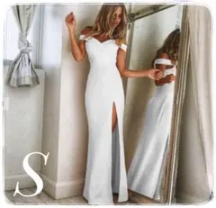 大人気 ホワイト　ドレス　オフショルドレス お呼ばれ ウェディングドレス　白　S