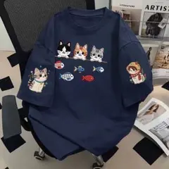 可愛い猫プリントTシャツ 半袖 ビッグシルエット ネイビー カジュアル おしゃれ