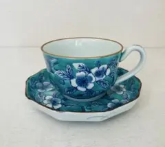 有田焼　福丈窯　カップ＆ソーサー　緑　青　花　鳥　焼き物　工芸　陶器
