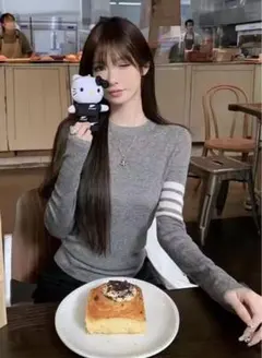 人気！即日発送☆ストライプ 袖 ニット トップス ワンホン グレー