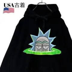USA古着 アニメのパーカー 黒 L リック&モーティー フーディー スウェット