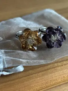 美品　ハンドメイド　リングフリー　花ビラ　ビーズ　パープル　イエロー　キラキラ